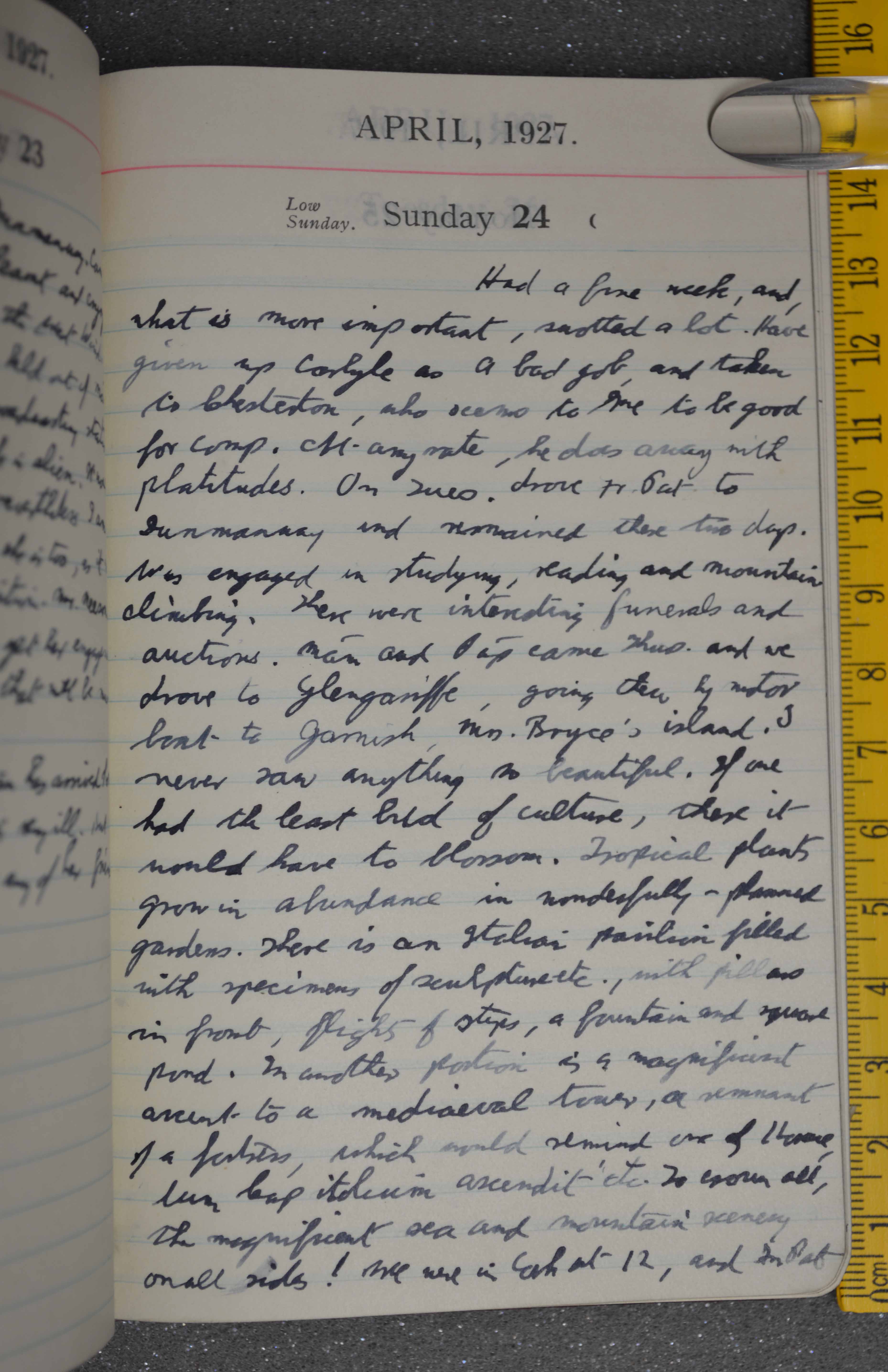 Photograph of one of the diary pages from Sunday April 24, 1927